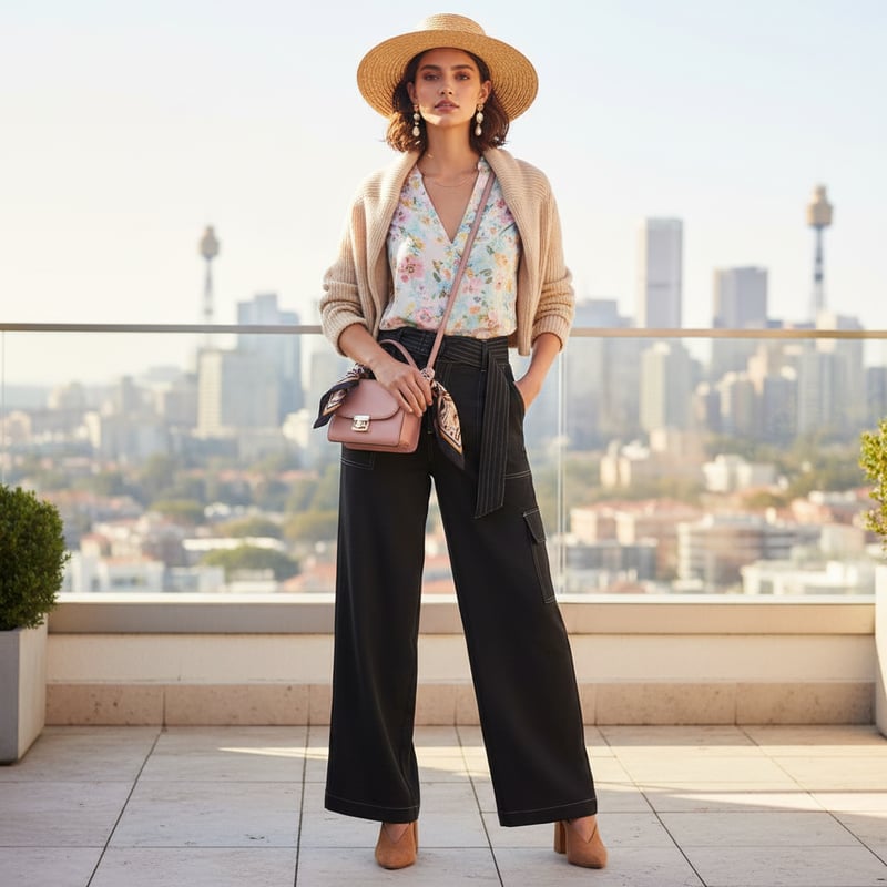 Black High-Rise Wide-Leg Cargo Trousers