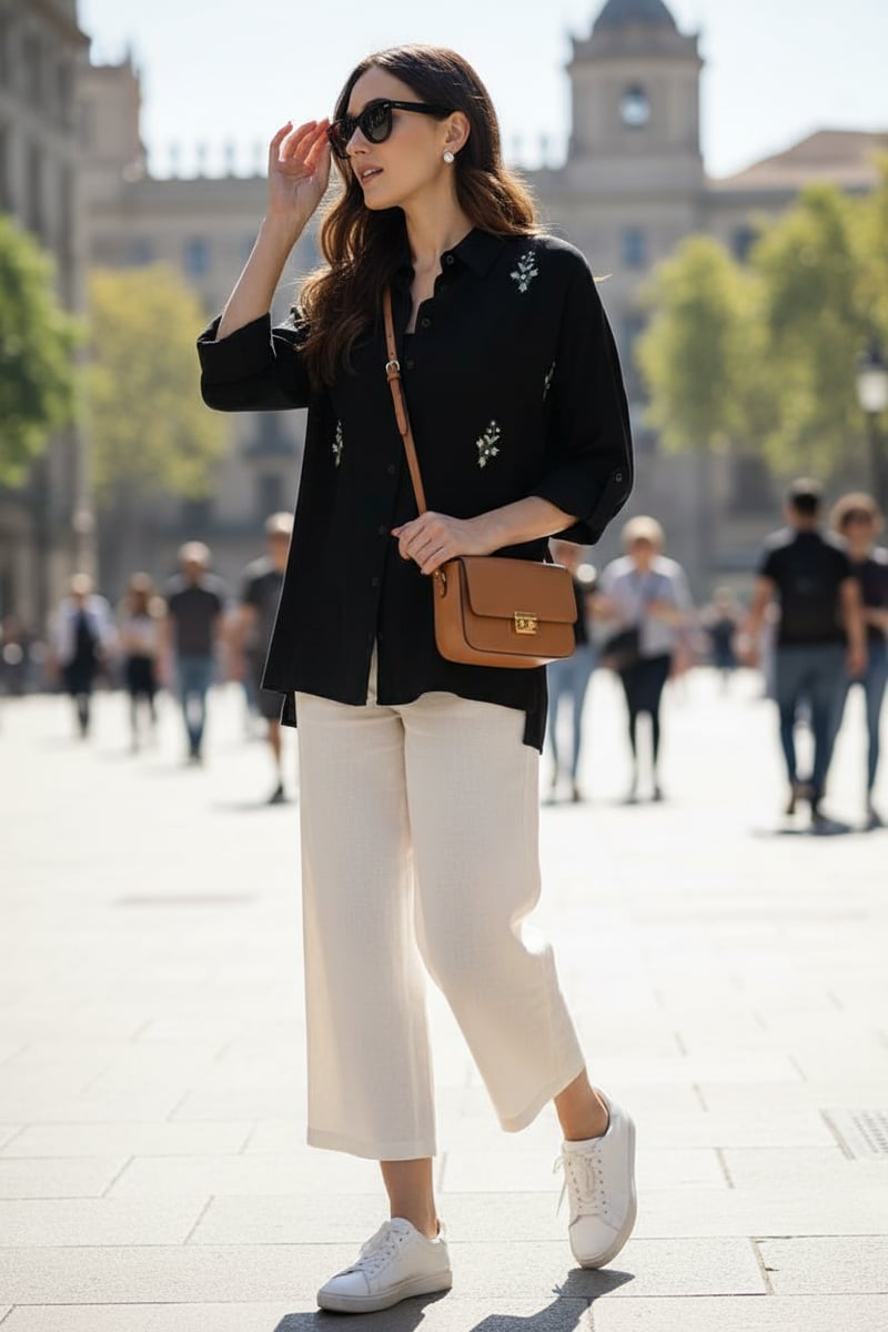 Black Collared Button-Down Shirt with Floral Embroidery