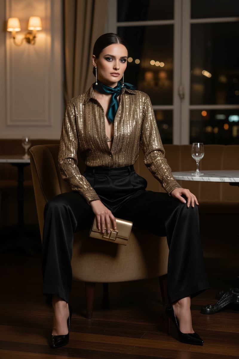 Gold Sequin Button-Down Shirt with Full Sleeves