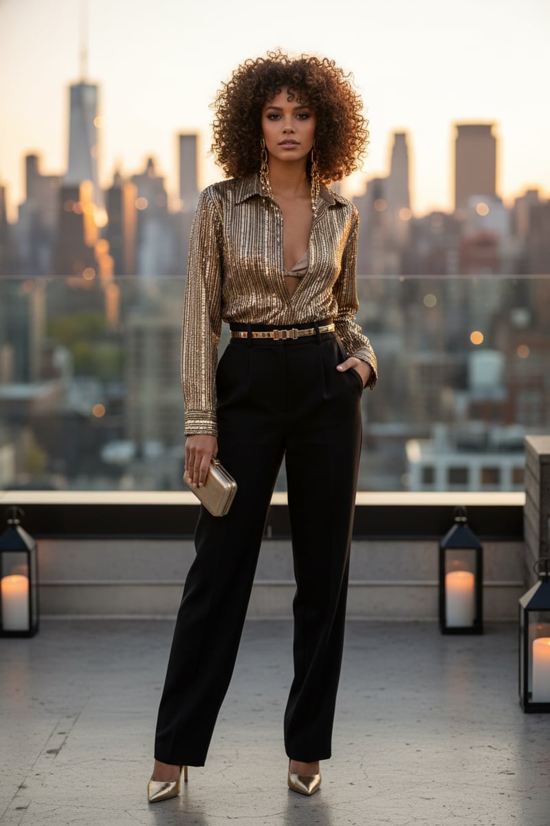 Gold Sequin Button-Down Shirt with Full Sleeves