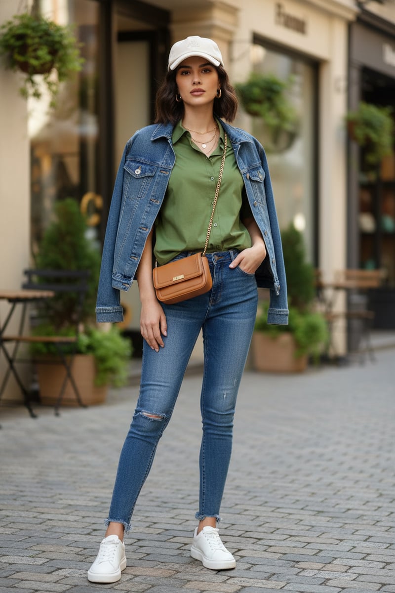 Olive Green Button-Down Shirt with Half Sleeves