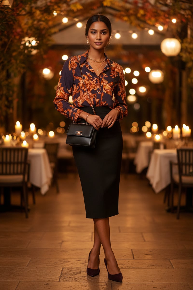 Navy Orange Floral Print Relaxed Fit Button-Front Shirt