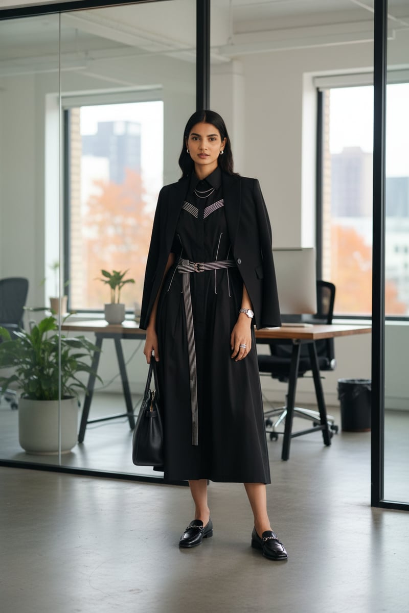 Black Poplin Midi Shirt Dress with Contrast Stitch Belt