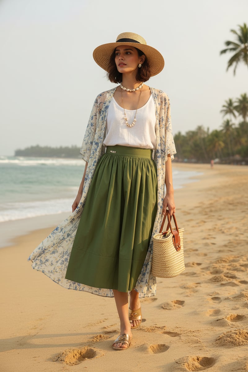 Olive Green High-Waist Tiered Midi Skirt