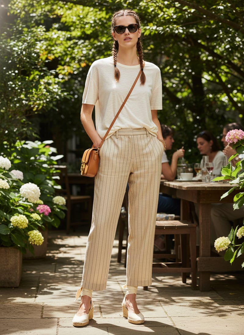 Sand Pinstripe High-Waist Straight-Leg Trousers