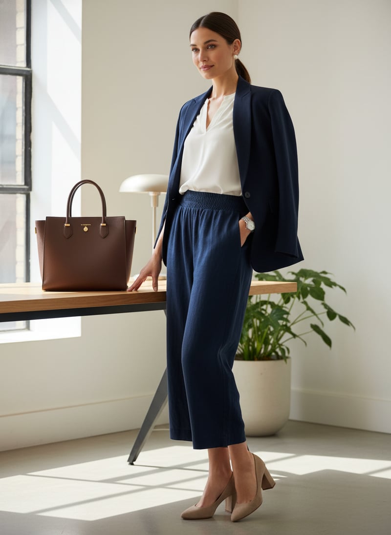 Dark Navy Pull-On Culotte Trousers with Smocked Waist