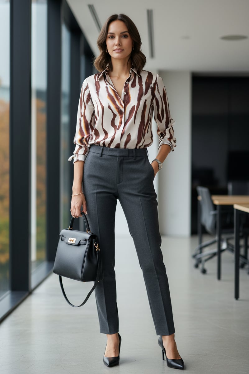 Brown Animal Print Satin-Finish Button-Down Shirt