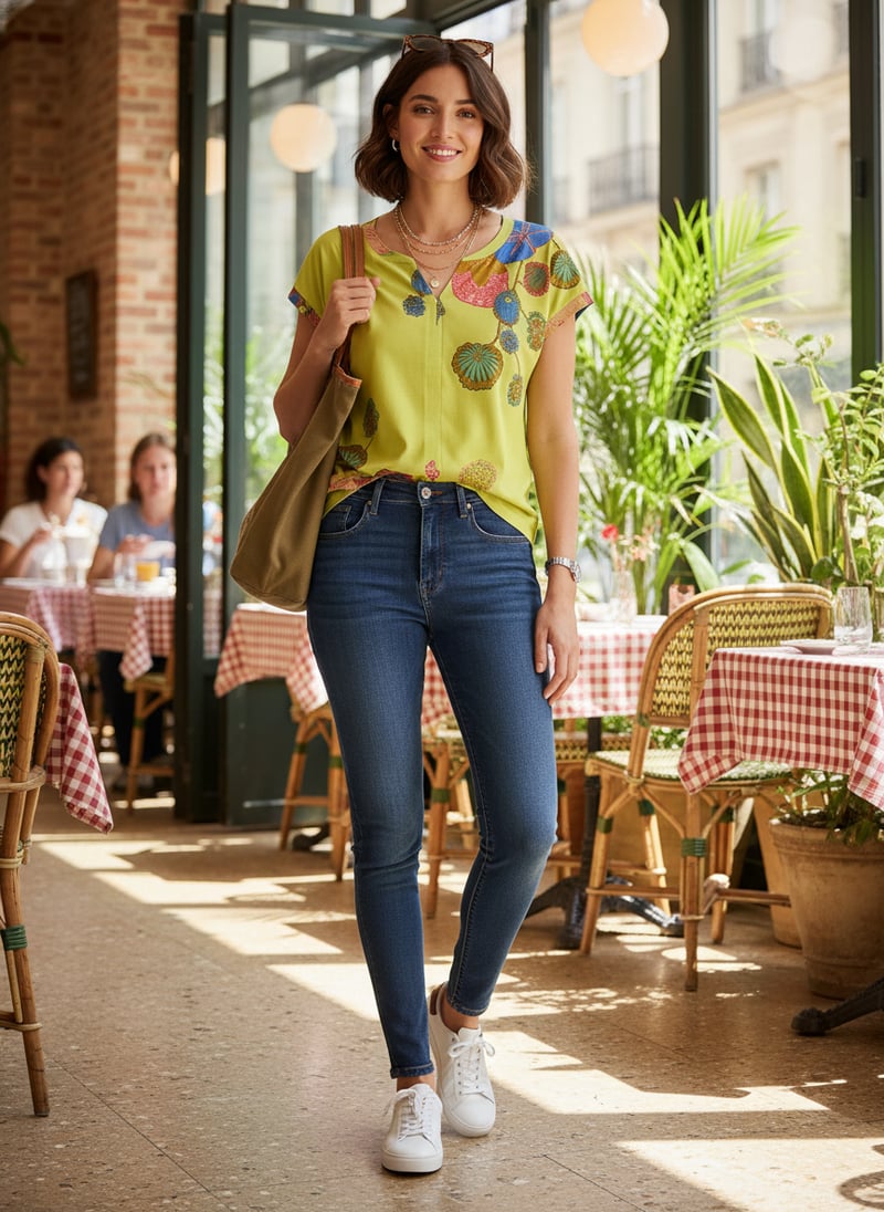 Yellow Print Notch Neck Cotton Jersey T-Shirt