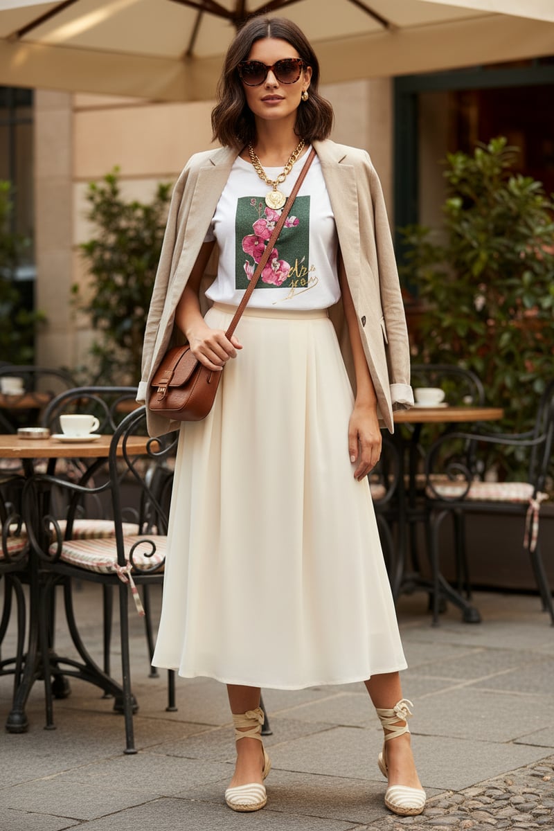 White Cotton Crew Neck T-shirt with Floral Graphic Print