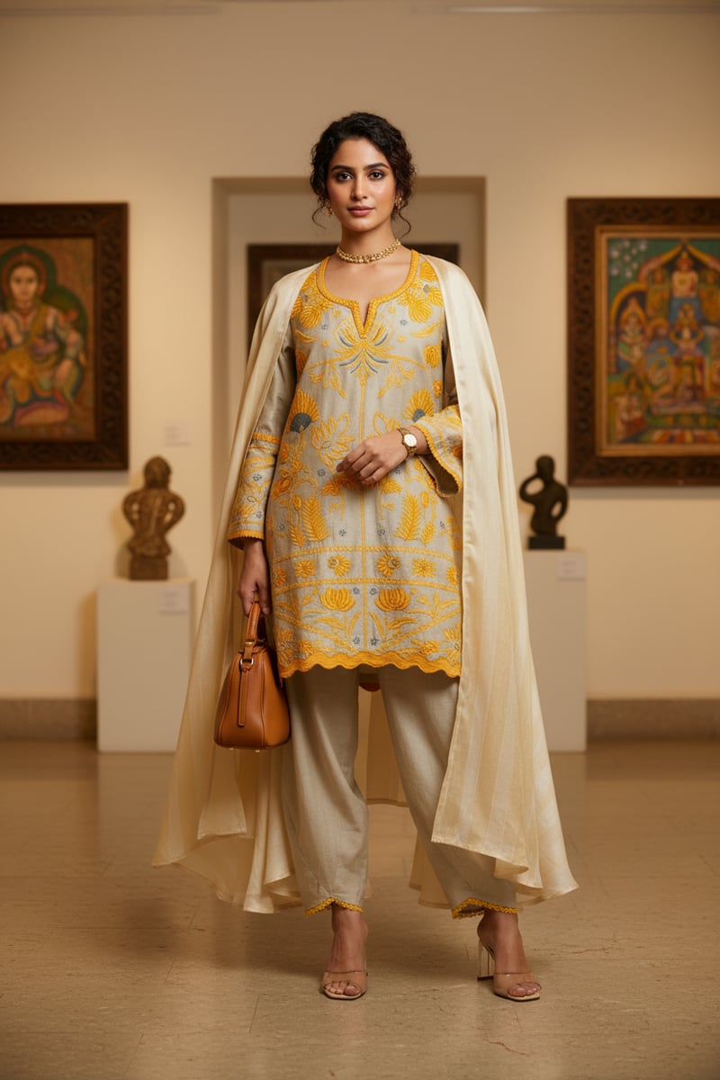 Beige Chanderi Embroidered Kurta Co-ord Set