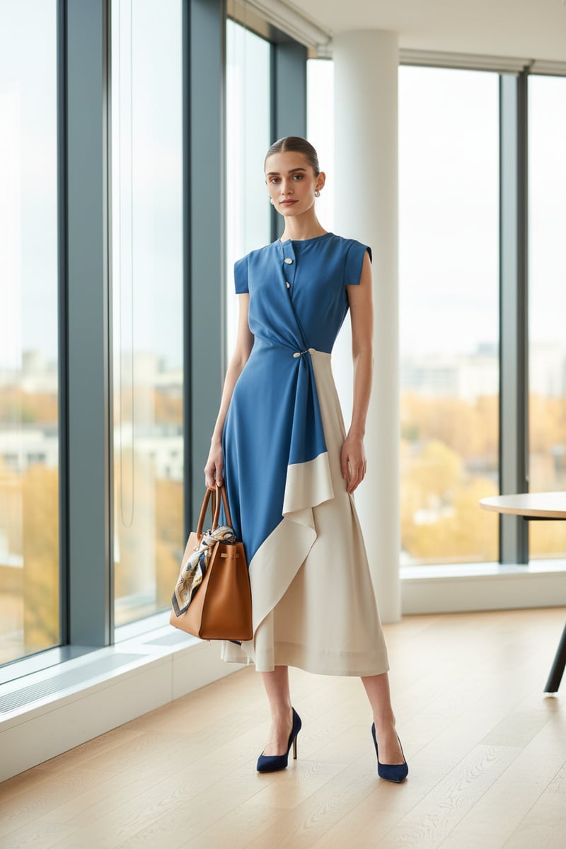 Prussian Blue and Ecru Colorblocked Midi Dress