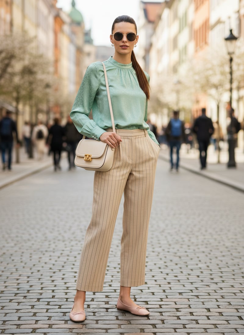Sand Pinstripe High-Waist Straight-Leg Trousers