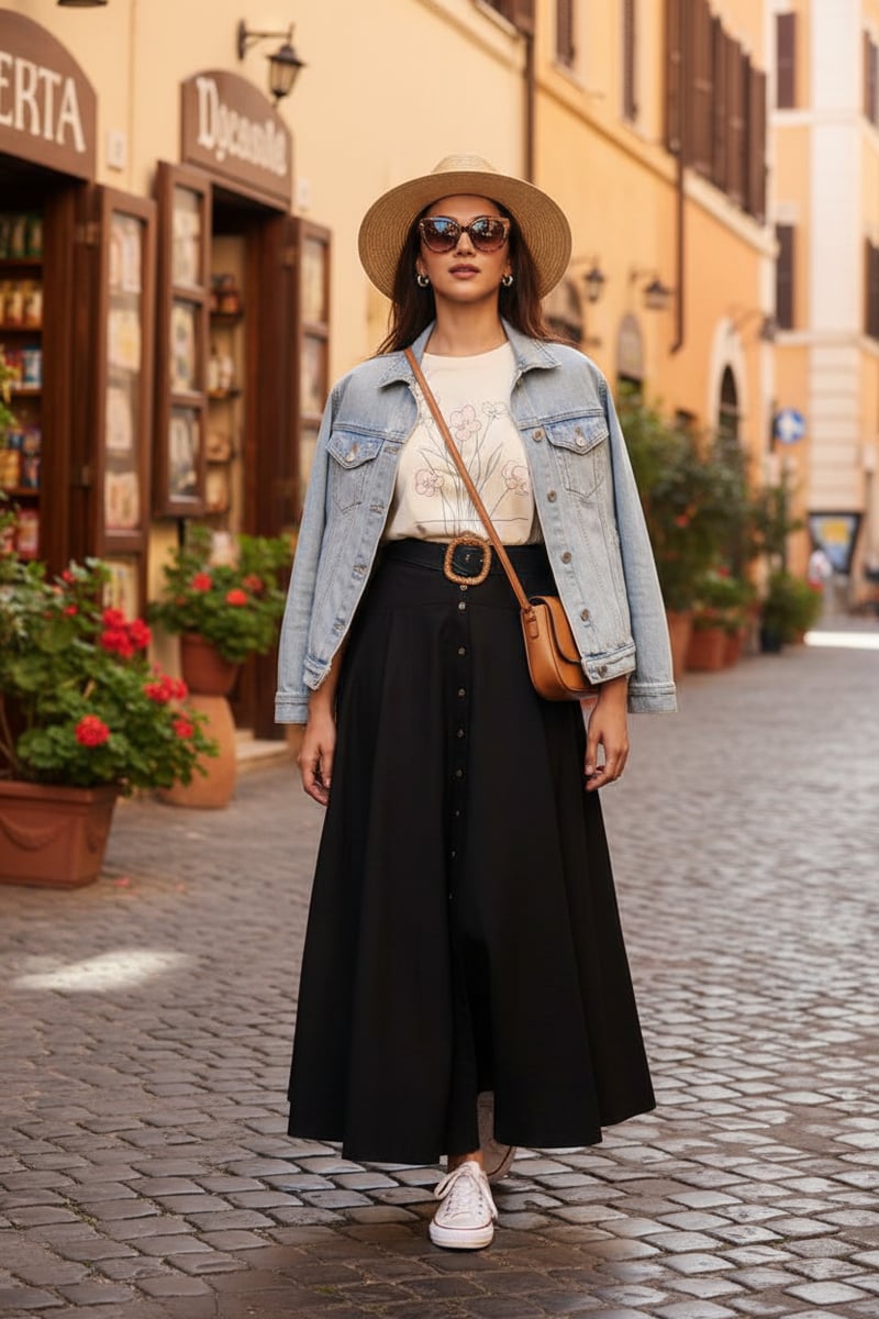 Black High-Waist Flared Maxi Skirt with Button Front