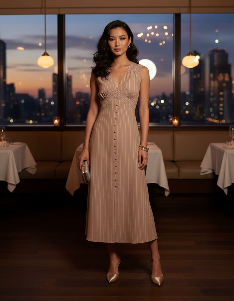 Stone Pinstripe Button-Front Midi Dress