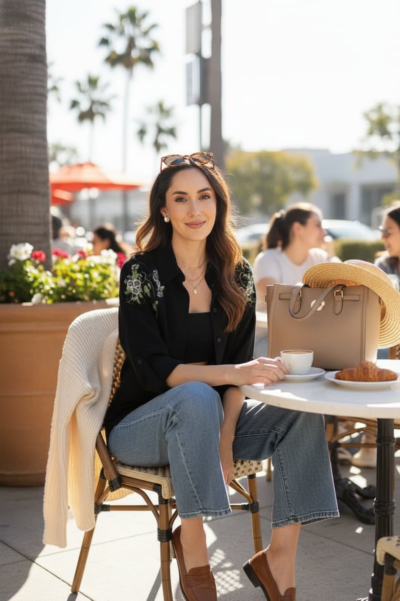 Black Button-Down Shirt with Floral Shoulder Embroidery