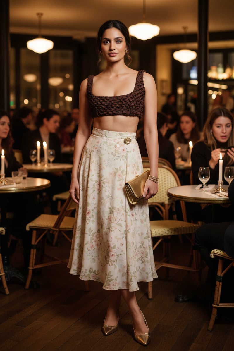 Brown Smocked Square Neck Crop Top