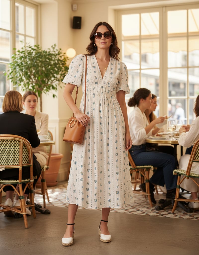 White Floral Fit and Flare Midi Dress with Puff Sleeves