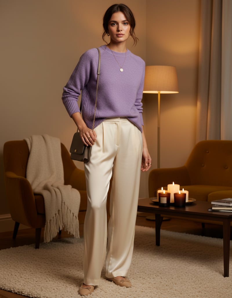 Lilac Crewneck Pullover Sweater with Rib Details