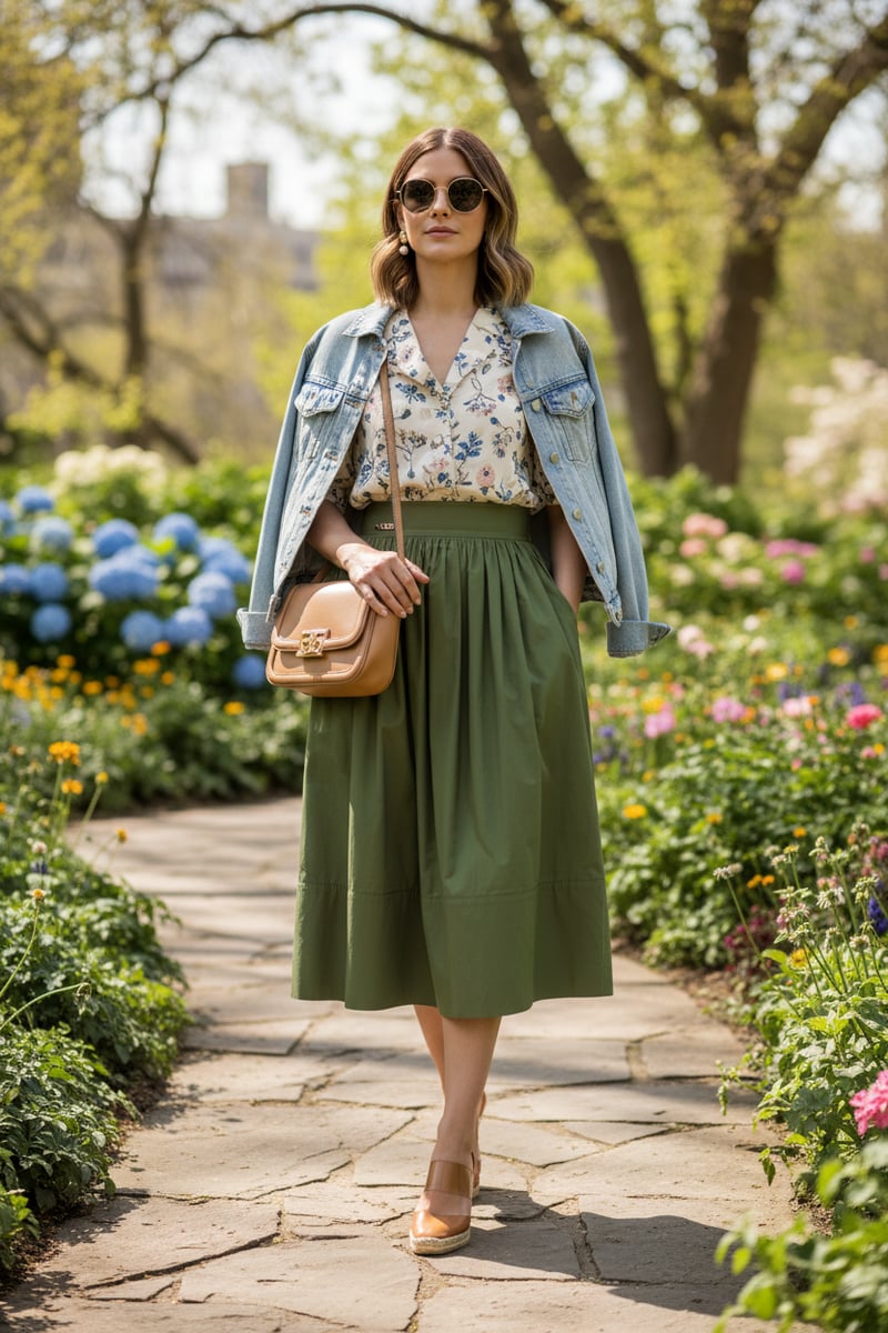 Olive Green High-Waist Tiered Midi Skirt