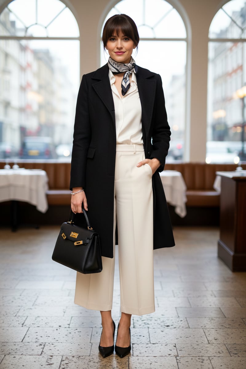 Black Tailored Wool-Blend Belted Coat