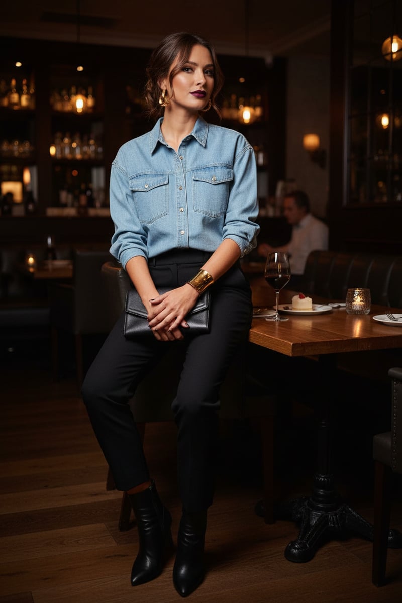 Light Blue Denim Button-Down Shirt with Patch Pockets
