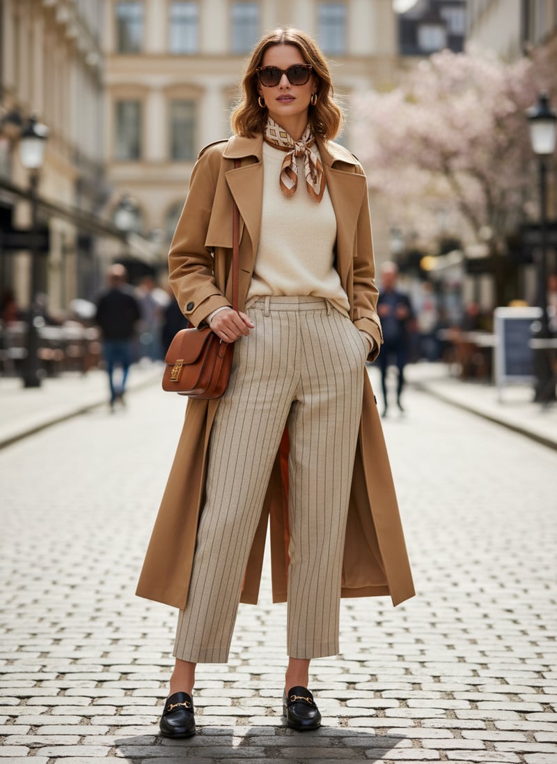 Sand Pinstripe High-Waist Straight-Leg Trousers