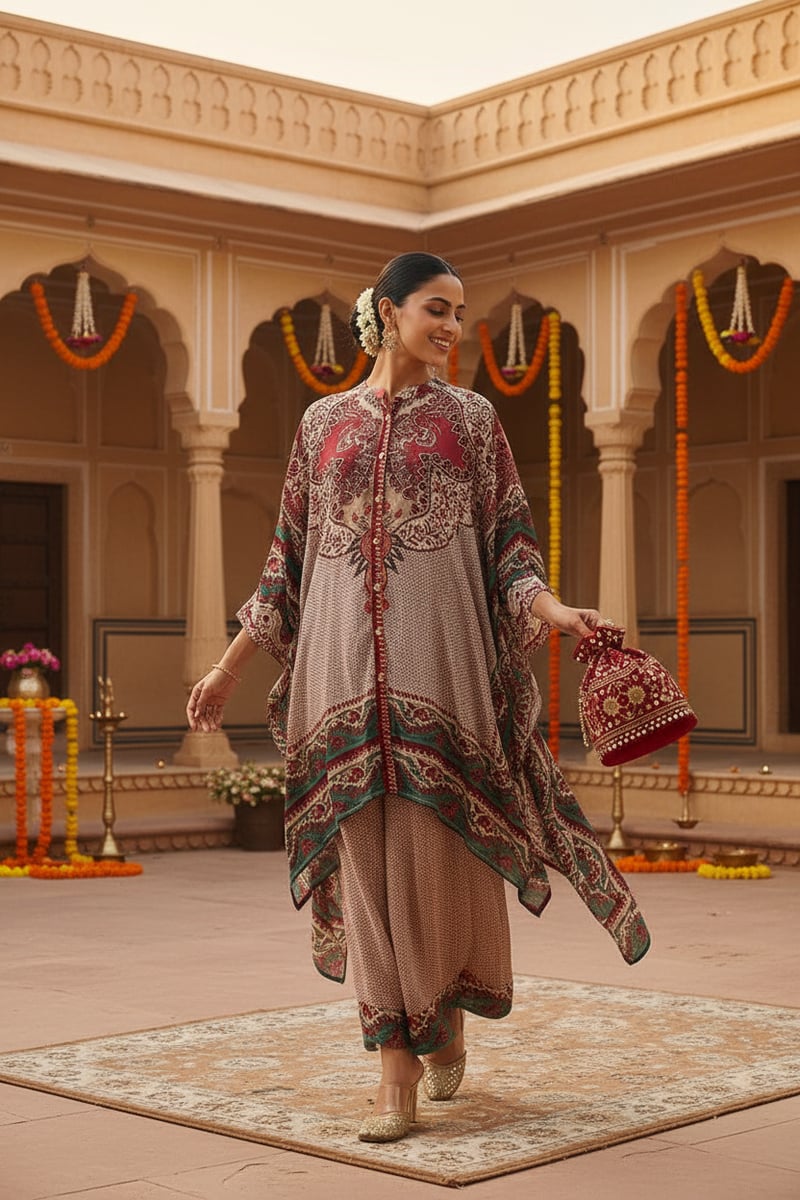 Printed Kaftan Top and Wide-Leg Pants Co-ord Set