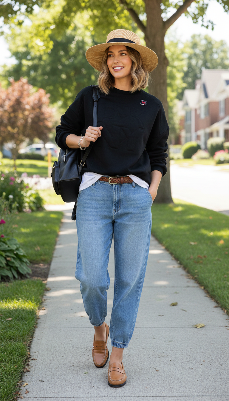 Black Relaxed-Fit Crewneck Sweatshirt with Tonal Lettering