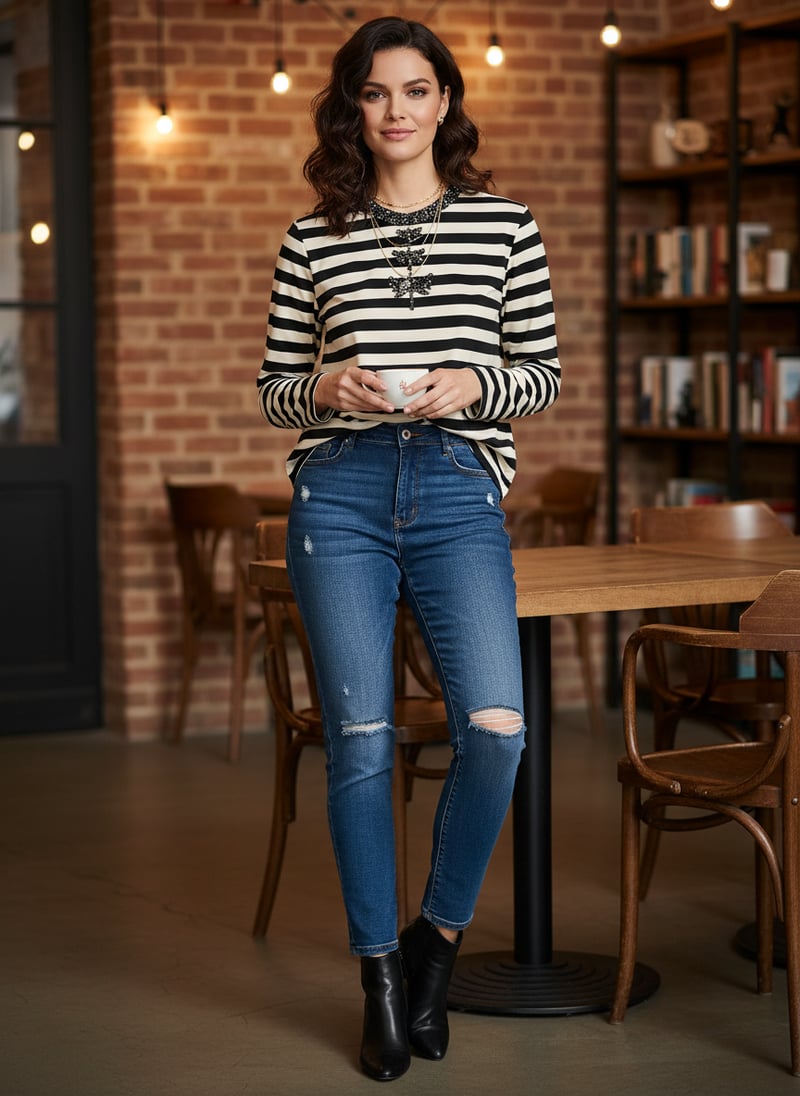 Black and White Striped Embellished Long Sleeve T-Shirt