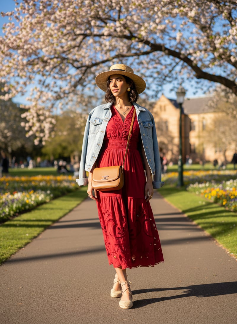 Red Cutwork Tiered Maxi Dress with Smocked Waist