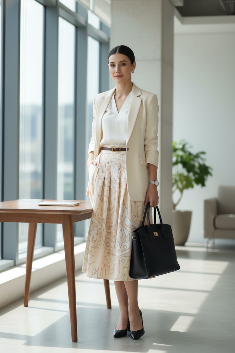 Beige Abstract Geometric Print High-Waist Midi Skirt