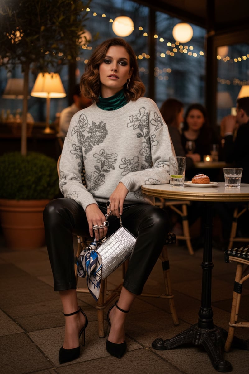Medium Grey Floral Jacquard Jumper with Subtle Shimmer