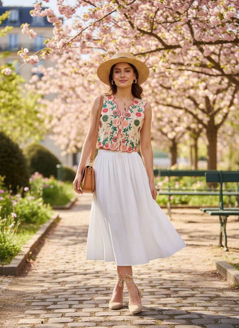 Cream Embroidered Tie-Up Crop Top
