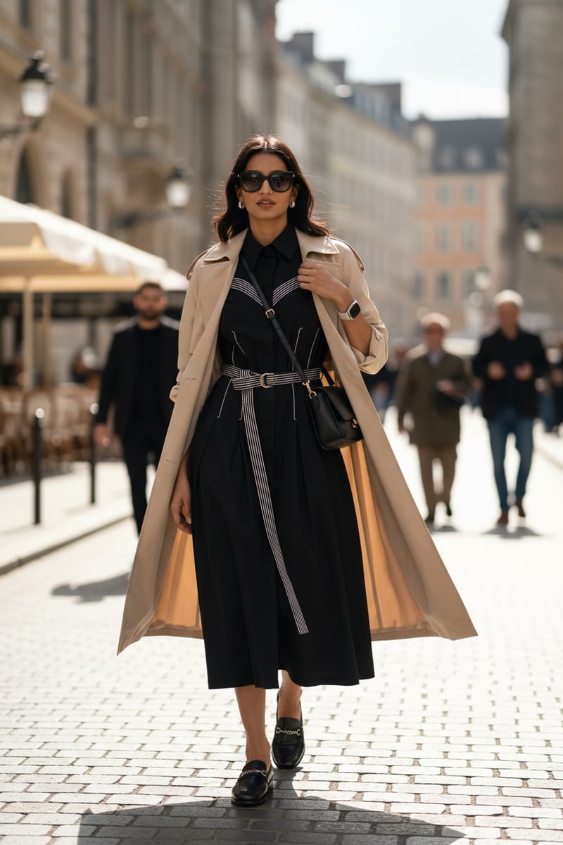 Black Poplin Midi Shirt Dress with Contrast Stitch Belt