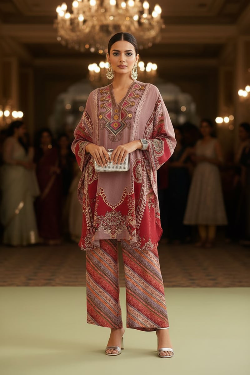 Multi Bemberg Crepe Printed Co-ord Set with Neck Embroidery