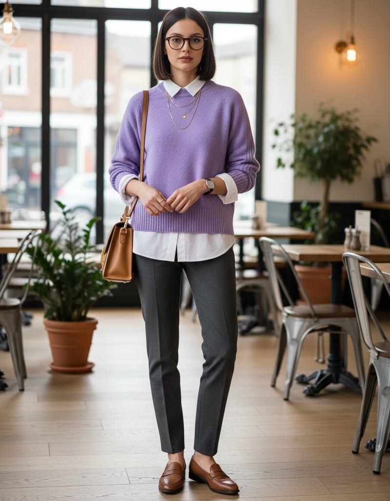 Lilac Crewneck Pullover Sweater with Rib Details