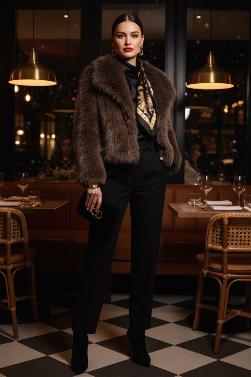 Brown Cropped Faux-Fur Jacket with Lapel Collar
