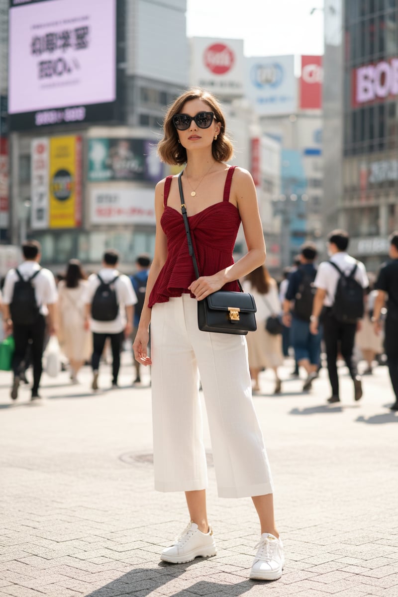 Red Plissé Knot-Front Peplum Top