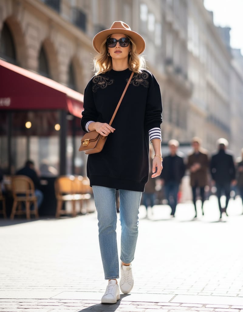 Black Longline Sweatshirt Dress with Shoulder Applique