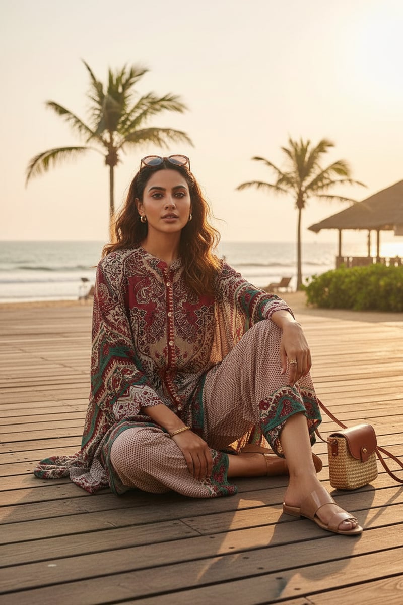 Printed Kaftan Top and Wide-Leg Pants Co-ord Set