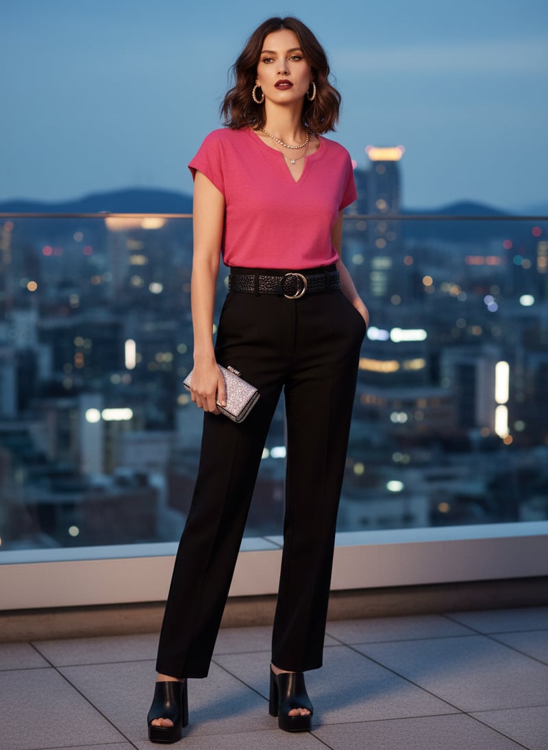 Bright Pink Notch V-Neck Cotton Jersey T-Shirt