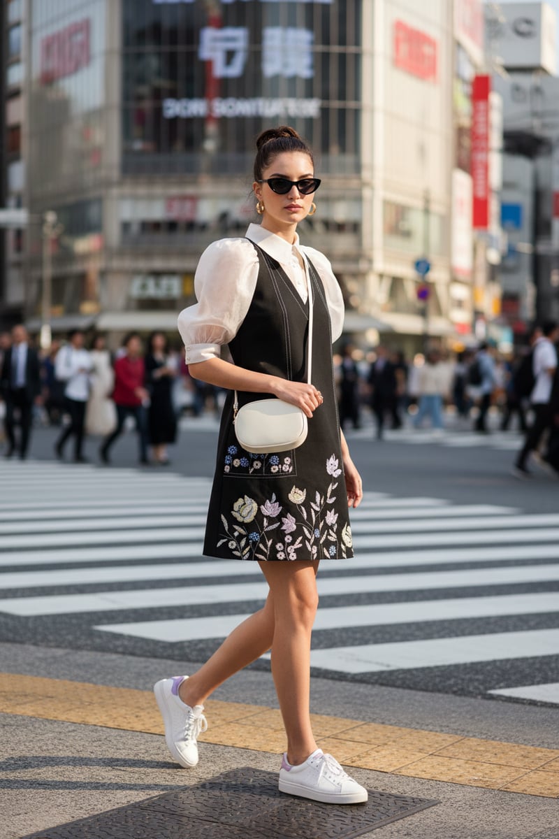 Black and White A-Line Mini Dress with Organza Sleeves