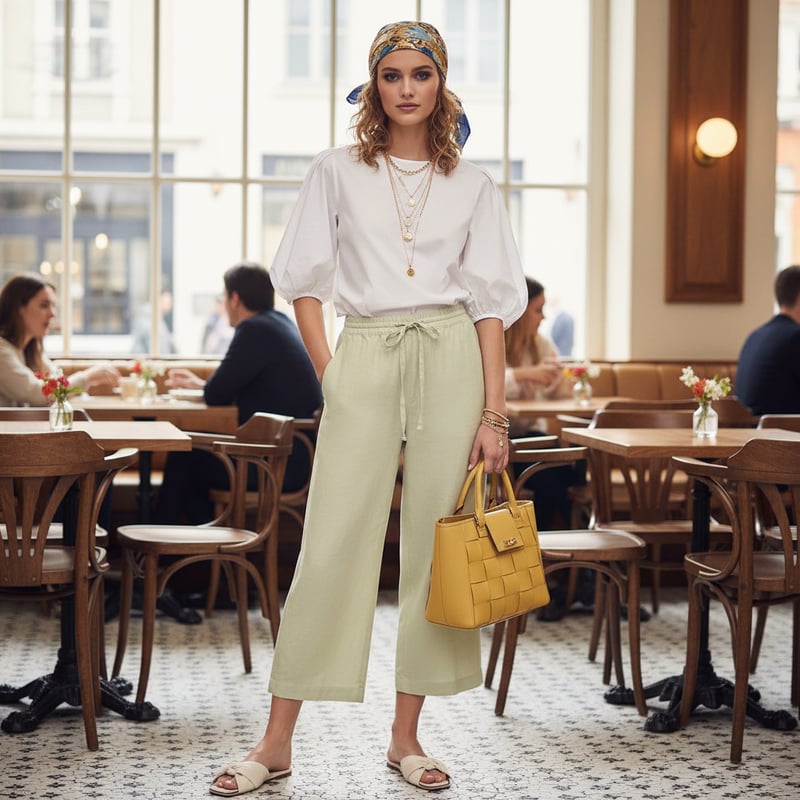 Tea Green Linen Wide-Leg Cropped Drawstring Trousers