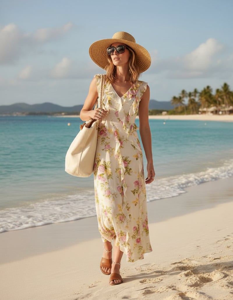 White Floral Ruffle Trim Slip Midi Dress