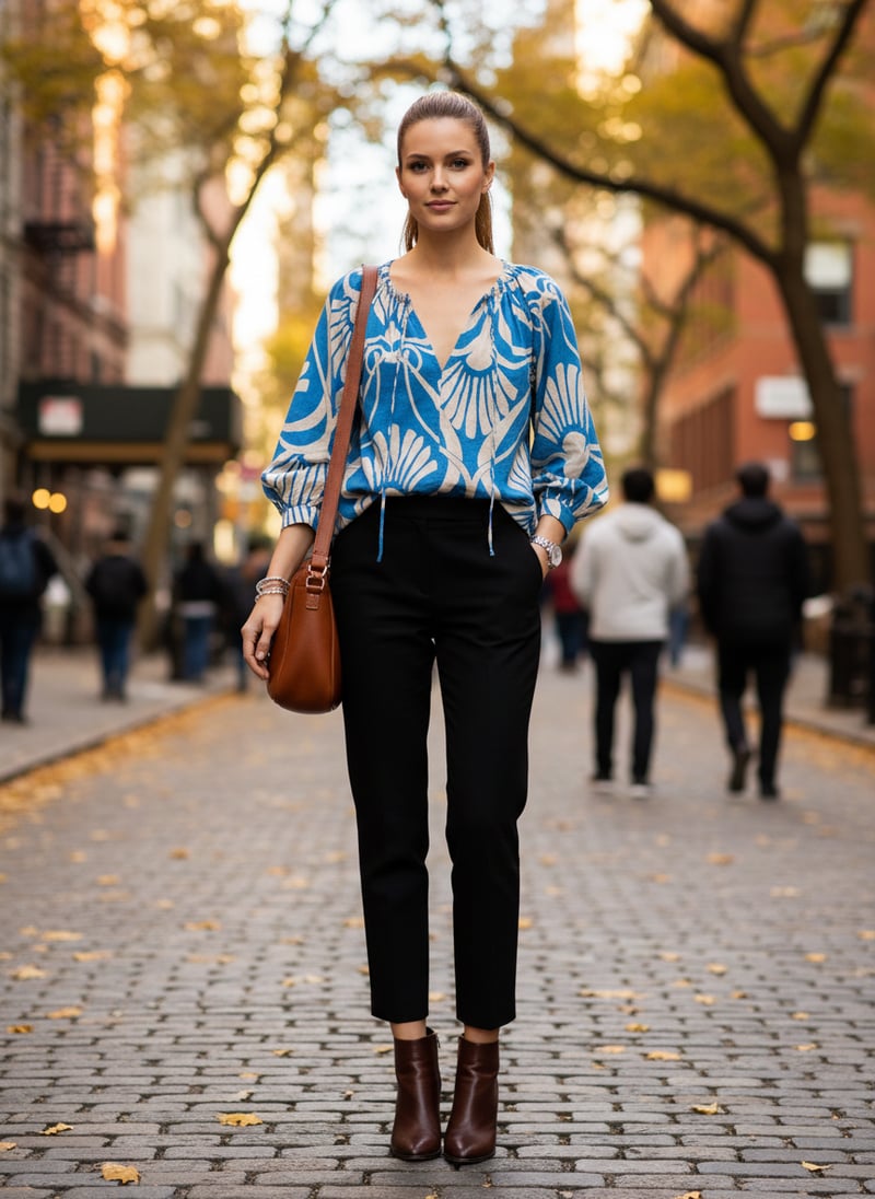 Blue and Off-White Abstract Print Tie-Up Neck Top