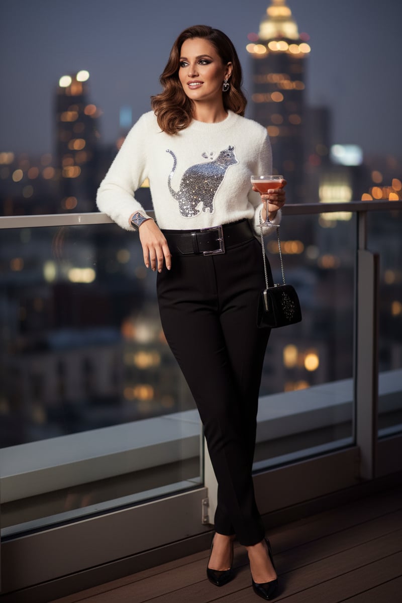 White Sequin Cat Motif Crewneck Pullover Sweater