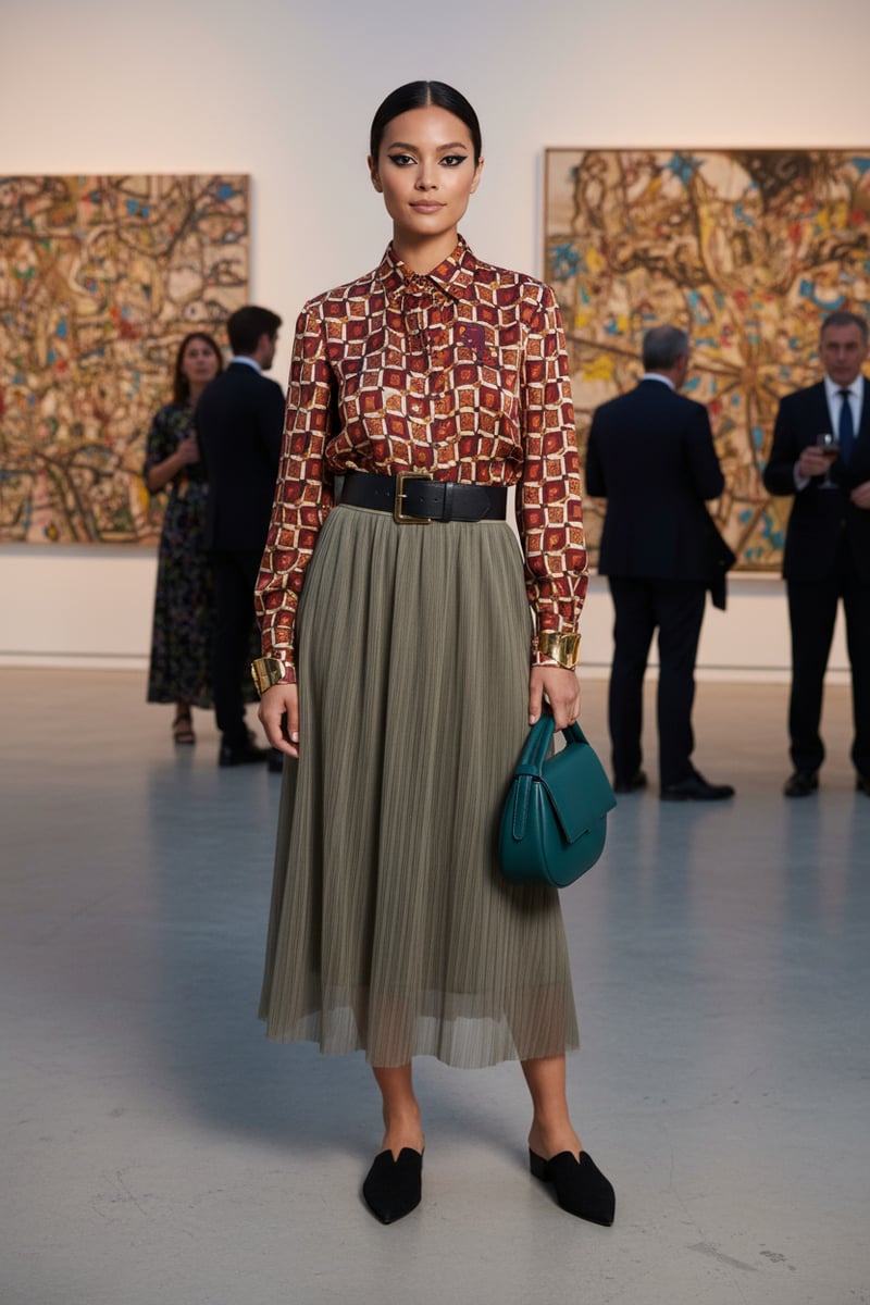 Olive Pleated Midi Skirt with Logo Waistband