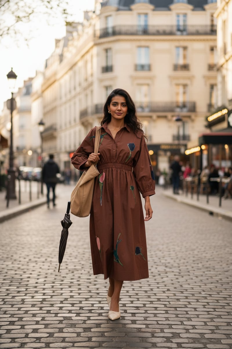 Brown Midi A-Line Shirt Dress with Floral Applique