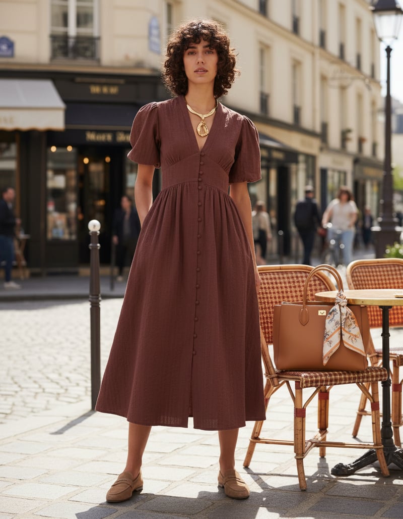 Chocolate Brown V-Neck Button-Front Midi Dress