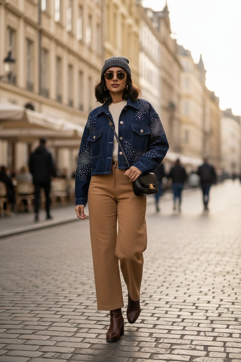 Navy Embellished Cropped Denim Jacket
